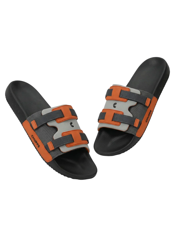 Chupps Men's Grey & Orange Dual Strap Comfort Slides | Premium Lightweight Adjustable Anti-Slip Casual Slippers for Everyday Wear
