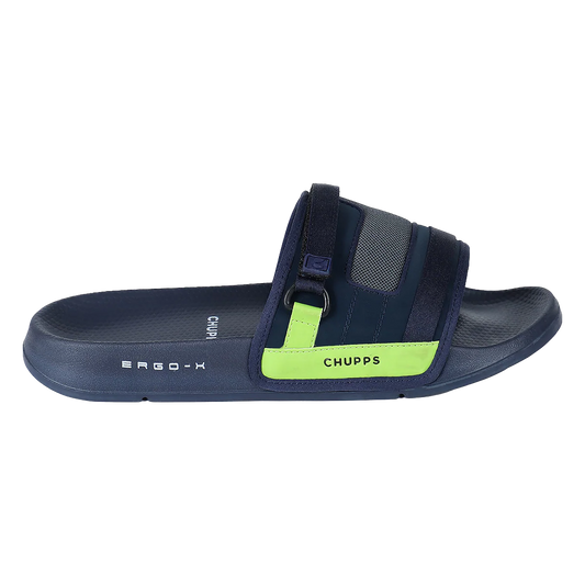 Chupps Men's Navy & Neon Green Utility Comfort Slides | Premium Lightweight Ergonomic Anti-Slip Casual Slip-On Slippers