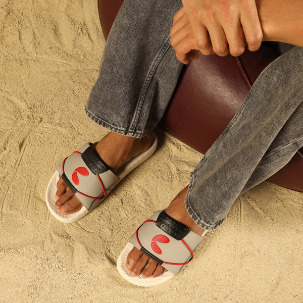 Chupps Men's Grey & White Comfort Slides | Lightweight Cushioned Anti-Slip Slip-On Casual Slippers for Everyday Wear