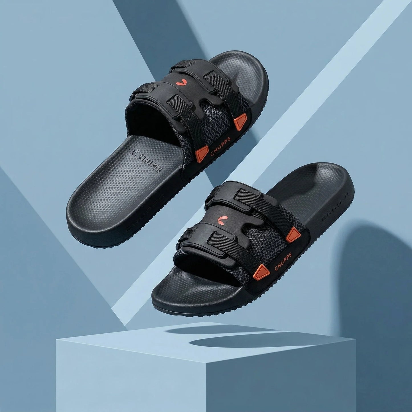 Chupps Men's Black Dual Strap Comfort Slides | Premium Adjustable Lightweight Anti-Slip Casual Slippers for Everyday Wear