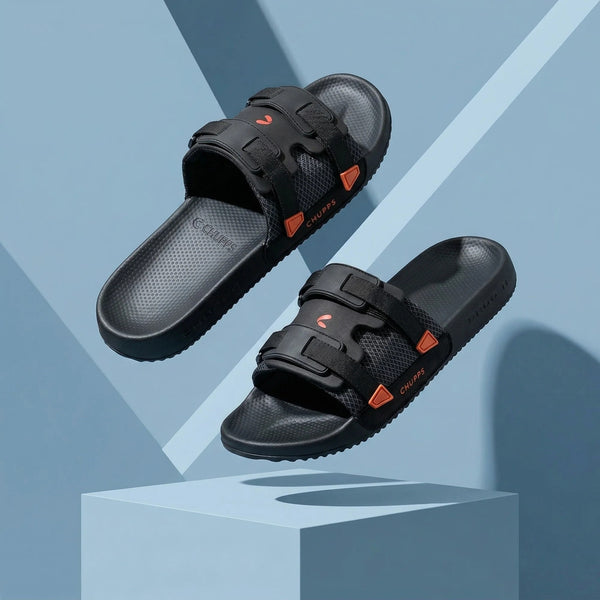 Chupps Men's Black Dual Strap Comfort Slides | Premium Adjustable Lightweight Anti-Slip Casual Slippers for Everyday Wear