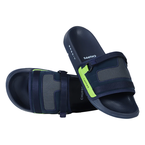 Chupps Men's Navy & Neon Green Utility Comfort Slides | Premium Lightweight Ergonomic Anti-Slip Casual Slip-On Slippers