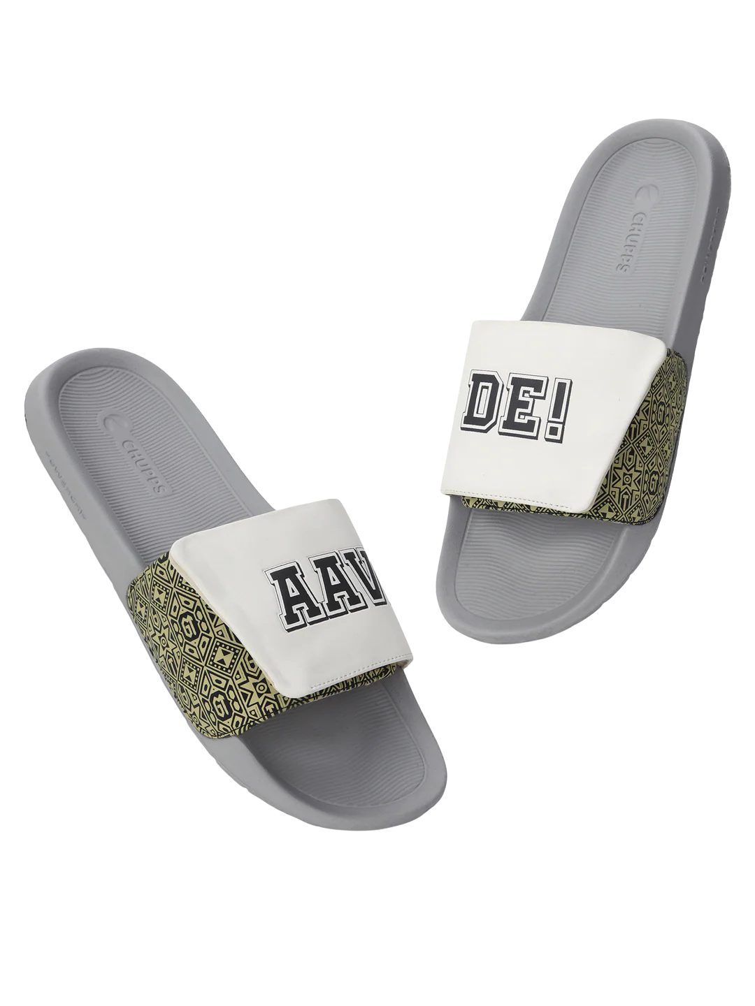 Chupps Men's White Printed Adjustable Comfort Slides | Premium Lightweight Cushioned Anti-Slip Casual Slip-On Slippers for Everyday Wear