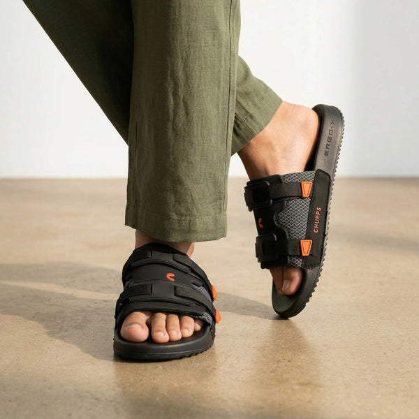 Chupps Men's Black Dual Strap Comfort Slides | Premium Adjustable Lightweight Anti-Slip Casual Slippers for Everyday Wear