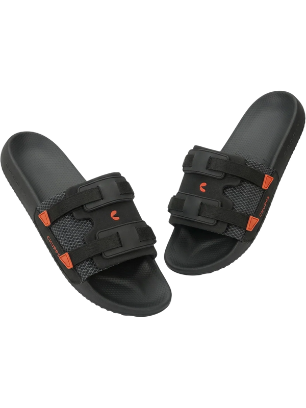 Chupps Men's Black Dual Strap Comfort Slides | Premium Adjustable Lightweight Anti-Slip Casual Slippers for Everyday Wear