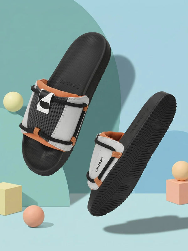 Chupps Men's White & Black Comfort Slides | Premium Lightweight Cushioned Anti-Slip Casual Slip-On Slippers for Everyday Wear