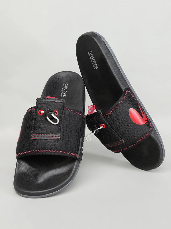 Chupps Men's Black Utility Comfort Slides | Premium Lightweight Adjustable Anti-Slip Casual Slip-On Slippers for Everyday Wear