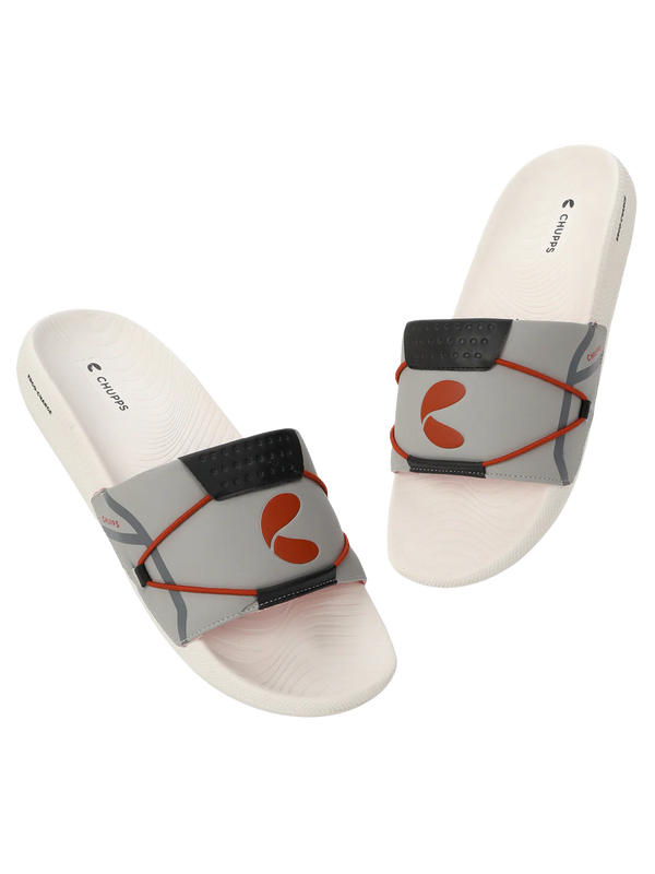 Chupps Men's Grey & White Comfort Slides | Lightweight Cushioned Anti-Slip Slip-On Casual Slippers for Everyday Wear